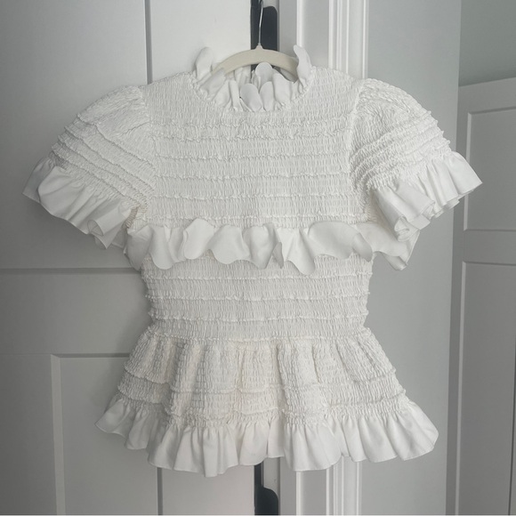 Susan Fang White Ruffled Top Smocked Short Sleeve White Blouse - Picture 2 of 6